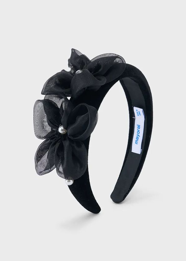 Mayoral 10314 Girl's Mesh Flower & Pearl Detail Velvet Headband – Black
