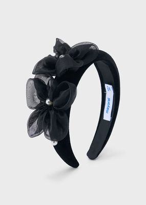Mayoral 10314 Girl's Mesh Flower & Pearl Detail Velvet Headband/BLACK