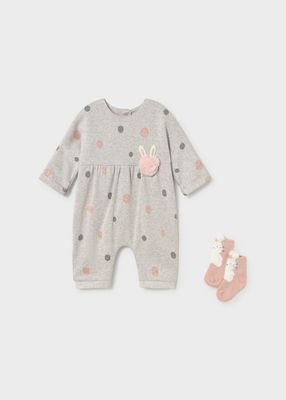Mayoral 2755 Baby Girl’s LS Polka-Dot Romper & Bunny Socks Set/MARMOL