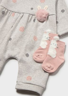 Mayoral 2755 Baby Girl’s LS Polka-Dot Romper & Bunny Socks Set/MARMOL
