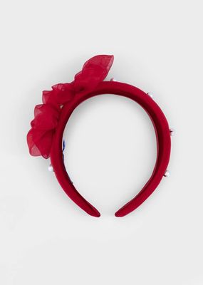 Mayoral 10314 Girl's Mesh Flower & Pearl Detail Velvet Headband/RED