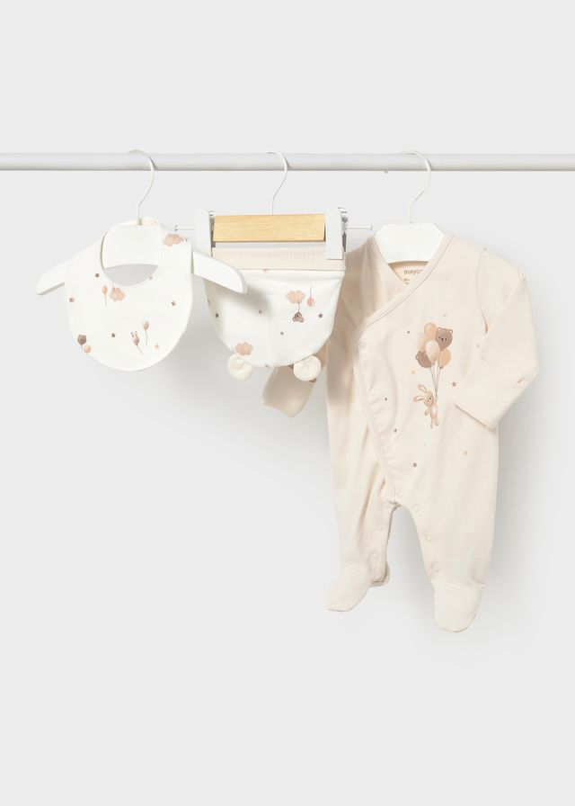 Mayoral 2748 Baby's Long Sleeve Onesie, Hat & Bib Set 3PC