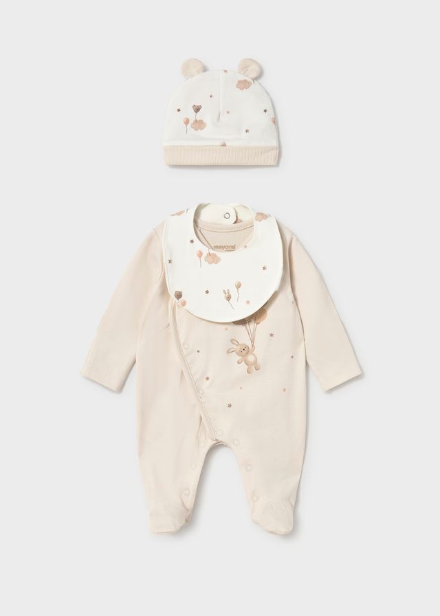 Mayoral 2748 Baby's Long Sleeve Onesie, Hat & Bib Set 3PC