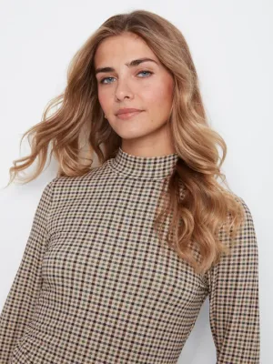 Charlie B C1404R-764C Women's LS Mock Neck Houndstooth Pattern Top/COFFEE 