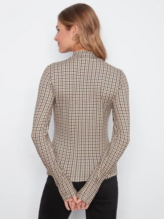 Charlie B C1404R-764C Women's Long Sleeve Mock Neck Houndstooth Pattern Top – Coffee