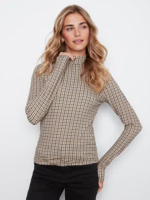 Charlie B C1404R-764C Women's LS Mock Neck Houndstooth Pattern Top/COFFEE 