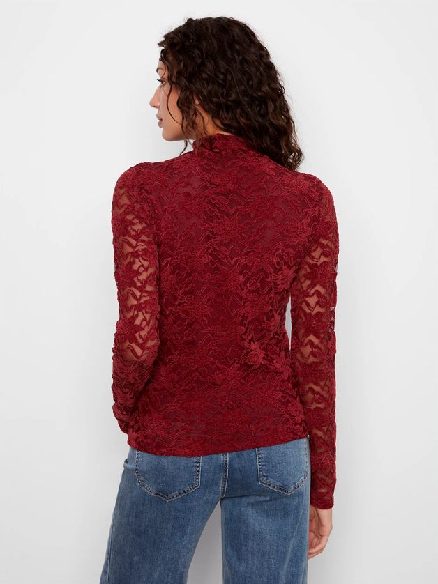 Charlie B C1470-722C Women's Long Sleeve Velvet & Mesh Floral Mock Neck Top – Merlot