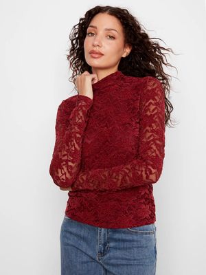 Charlie B C1470-722C Women's LS Velvet & Mesh Floral Mock Neck Top/MERLOT