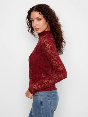 Charlie B C1470-722C Women's LS Velvet & Mesh Floral Mock Neck Top/MERLOT