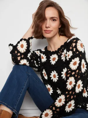 Charlie B C2941R-783C Women's LS Openwork Crochet Floral Sweater/BLACK&WHITE