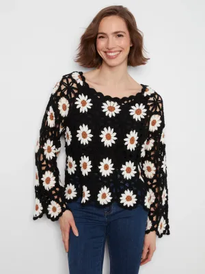 Charlie B C2941R-783C Women's LS Openwork Crochet Floral Sweater/BLACK&WHITE