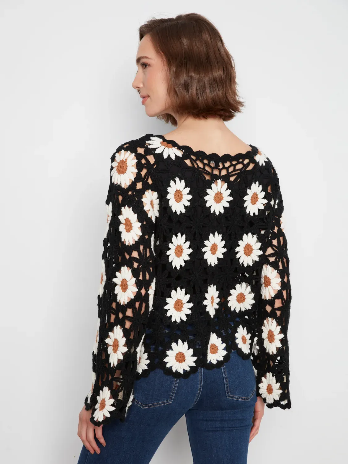 Charlie B C2941R-783C Women's Long Sleeve Openwork Crochet Floral Sweater – Black&white