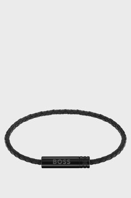 Boss 1580875 Black Leather Thin Rope Bracelet w/ Magnestic Closure
