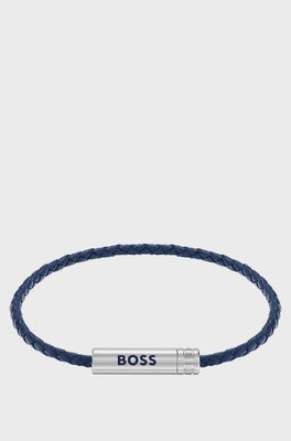 Boss 1580874 Navy Leather Thin Rope Bracelet w/ S.Steel Magnestic Closure