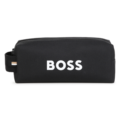 BOSS J53640 Logo Print Canvas Pencil Case- Double Zip Closure/ BLACK