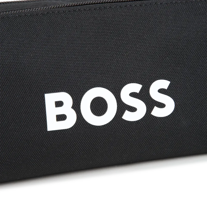 BOSS J53640 Logo Print Canvas Pencil Case- Double Zip Closure – Black