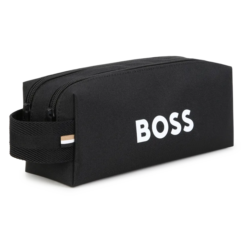 BOSS J53640 Logo Print Canvas Pencil Case- Double Zip Closure – Black