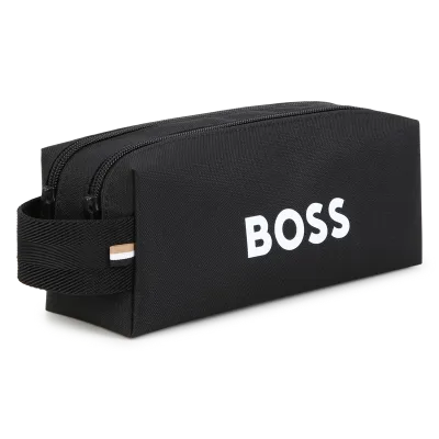 BOSS J53640 Logo Print Canvas Pencil Case- Double Zip Closure/ BLACK