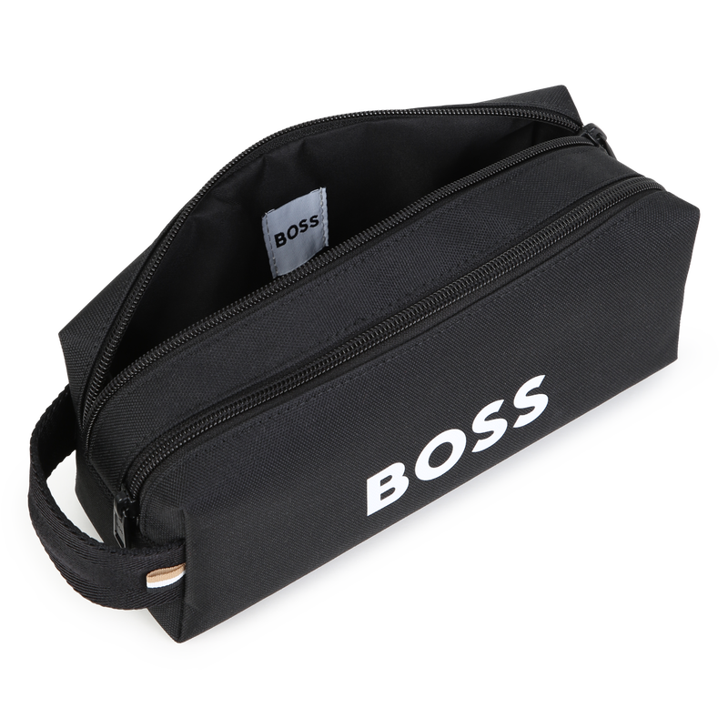 BOSS J53640 Logo Print Canvas Pencil Case- Double Zip Closure – Black