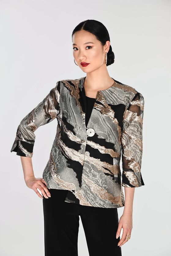 Frank Lyman 269368 Women's Abstract Metallic Design & Button Detail Jacket – Black&gold