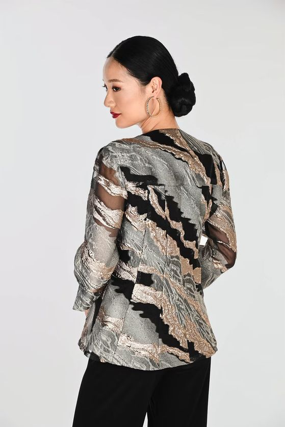 Frank Lyman 269368 Women's Abstract Metallic Design & Button Detail Jacket – Black&gold