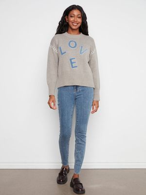 Charlie B C2026-683C Women's LS Mock Neck & “LOVE“ Denim Patchwork Sweater/GREY