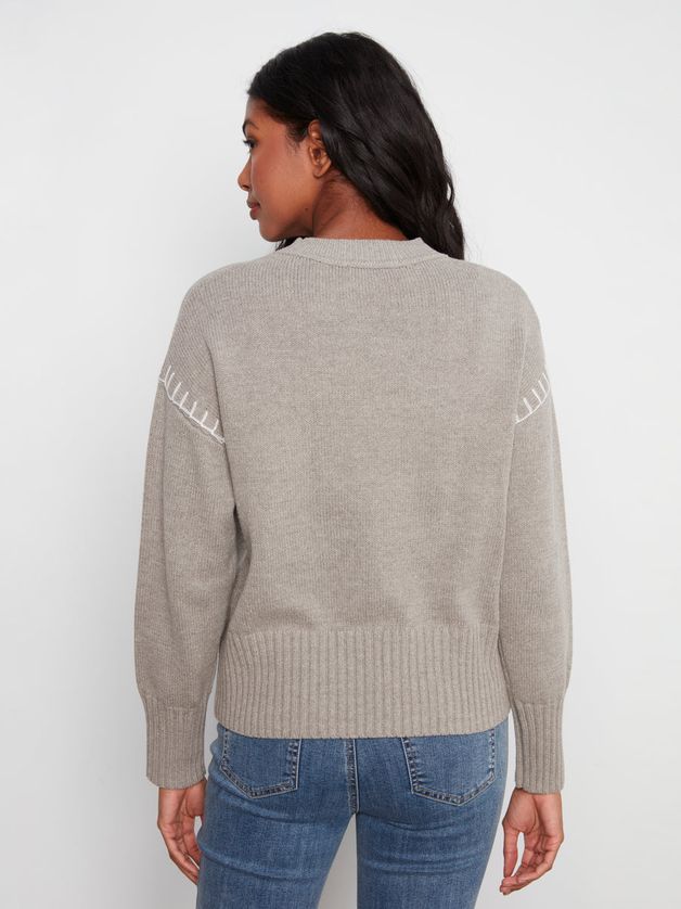 Charlie B C2026-683C Women's Long Sleeve Mock Neck & “LOVE“ Denim Patchwork Sweater – Grey