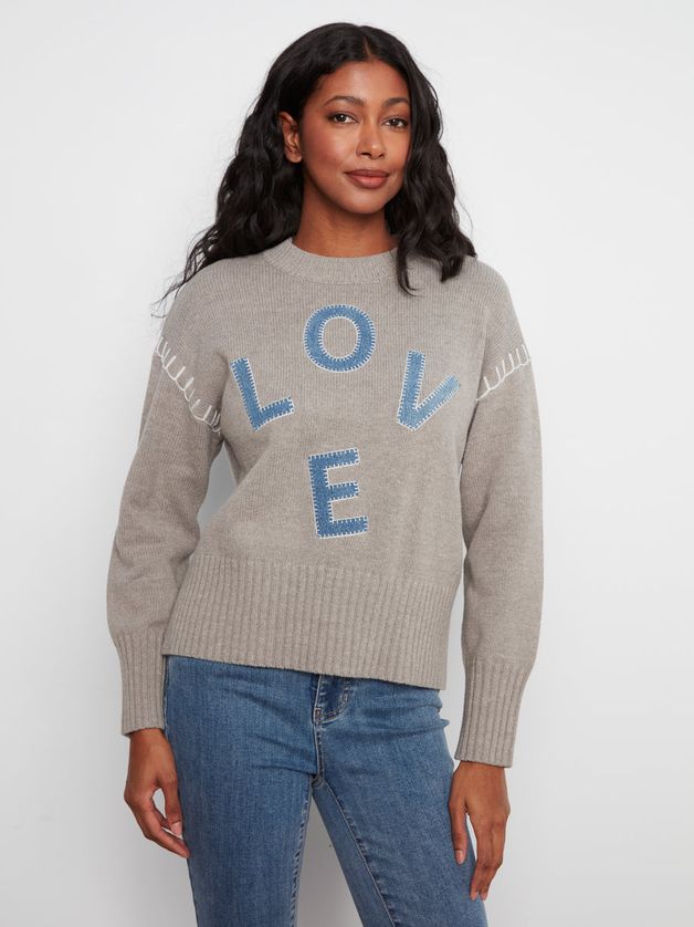 Charlie B C2026-683C Women's Long Sleeve Mock Neck & “LOVE“ Denim Patchwork Sweater – Grey