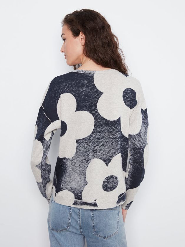 Charlie B C2010P-261B Women's Long Sleeve Crew Neck Printed Reverse Floral Sweater