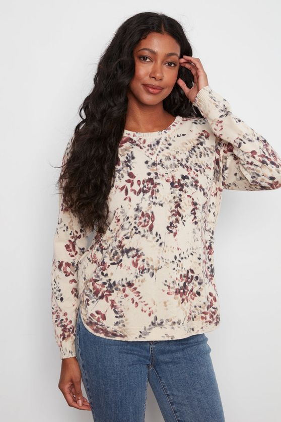 Charlie B C2010P-261B Women's Long Sleeve Crew Neck Printed Reverse Floral Sweater