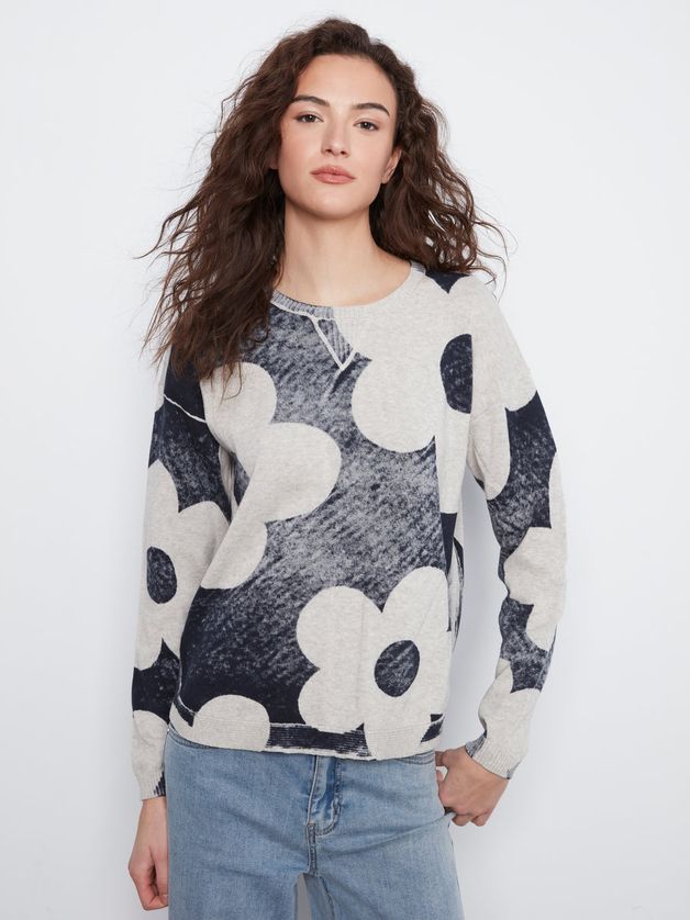 Charlie B C2010P-261B Women's Long Sleeve Crew Neck Printed Reverse Floral Sweater