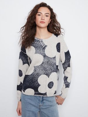 Charlie B C2010P-261B Women's LS Crew Neck Printed Reverse Floral Sweater/