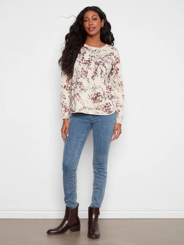 Charlie B C2010P-261B Women's Long Sleeve Crew Neck Printed Reverse Floral Sweater
