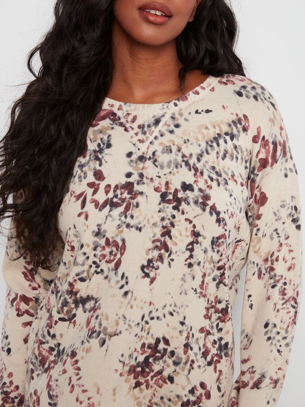 Charlie B C2010P-261B Women's Long Sleeve Crew Neck Printed Reverse Floral Sweater