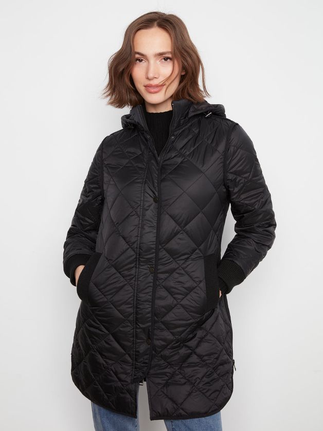 Charlie B C6430-135B Women's Lighweight Puffer Jacket w/ Sweater Rib Detail & Removable Hood