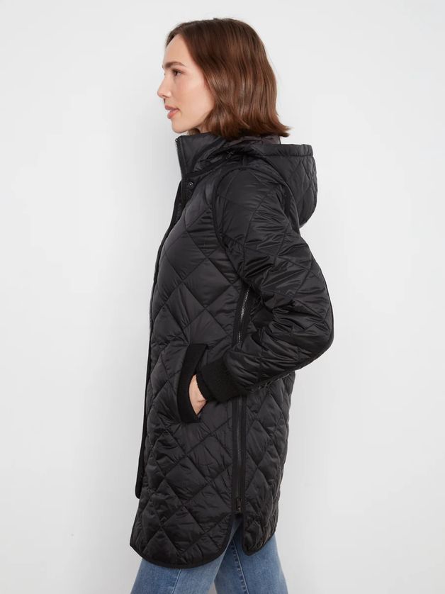 Charlie B C6430-135B Women's Lighweight Puffer Jacket w/ Sweater Rib Detail & Removable Hood
