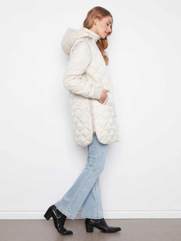 Charlie B C6430-135B Women's Lighweight Puffer Jacket w/ Sweater Rib Detail & Removable Hood