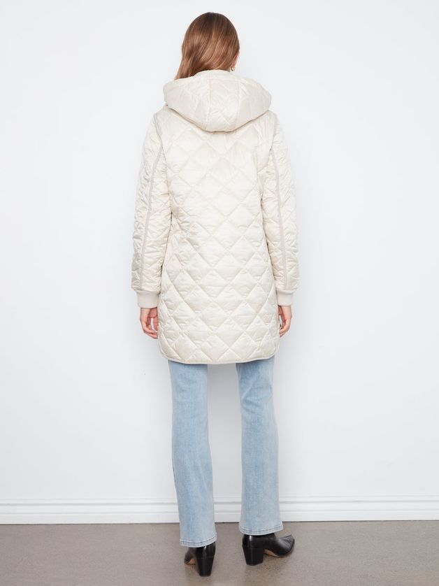 Charlie B C6430-135B Women's Lighweight Puffer Jacket w/ Sweater Rib Detail & Removable Hood