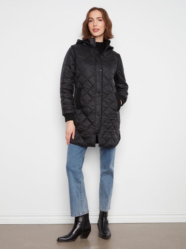 Charlie B C6430-135B Women's Lighweight Puffer Jacket w/ Sweater Rib Detail & Removable Hood