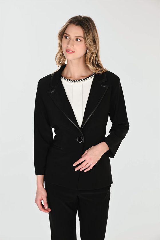 Frank Lyman 263012 Women's 3/4 Sleeve Button Closure & Leather Trim Blazer – Black