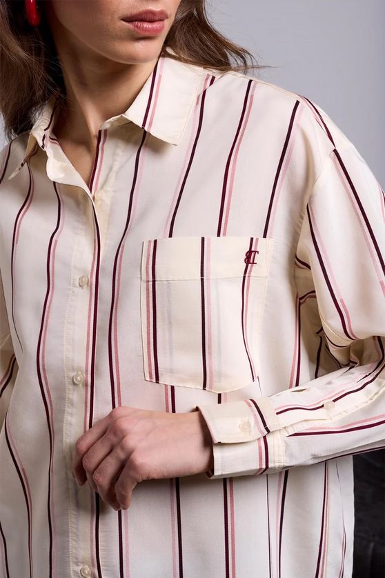 Tribal - Blue Thread 6332O-5791 Women's LS Lightweight Oversized Striped Front Button Blouse/