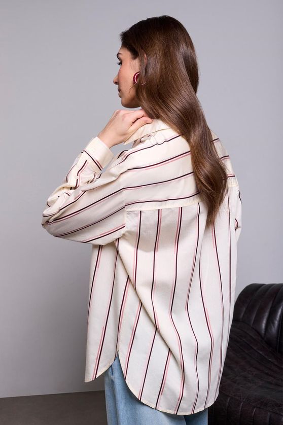Tribal - Blue Thread 6332O-5791 Women's LS Lightweight Oversized Striped Front Button Blouse/