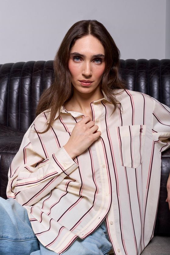 Tribal - Blue Thread 6332O-5791 Women's LS Lightweight Oversized Striped Front Button Blouse/
