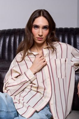 Tribal - Blue Thread 6332O-5791 Women's LS Lightweight Oversized Striped Front Button Blouse/