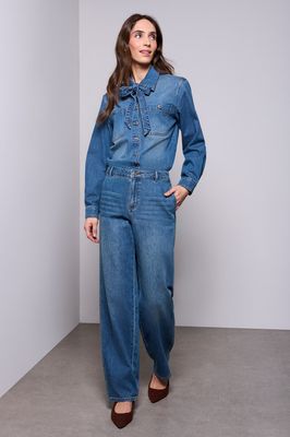Tribal 6315O-1120 Women's LS Tie Bow Front Button Denim Blouse/AUTHENTIC BLUE