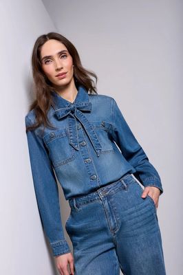 Tribal 6315O-1120 Women's LS Tie Bow Front Button Denim Blouse/AUTHENTIC BLUE