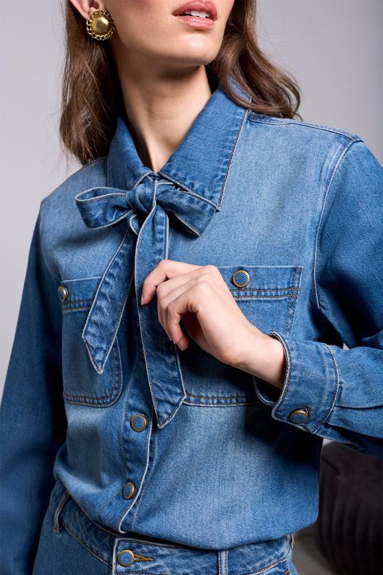 Tribal 6315O-1120 Women's Long Sleeve Tie Bow Front Button Denim Blouse – Authentic Blue