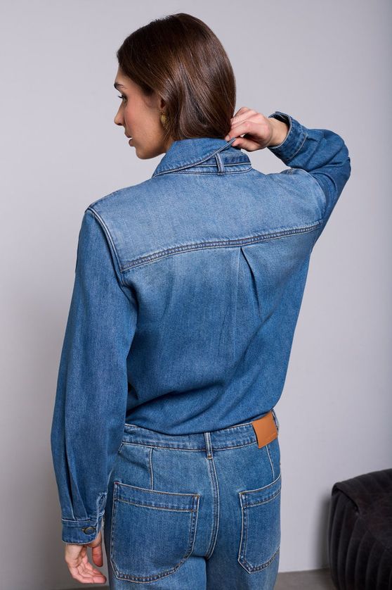 Tribal 6315O-1120 Women's Long Sleeve Tie Bow Front Button Denim Blouse – Authentic Blue