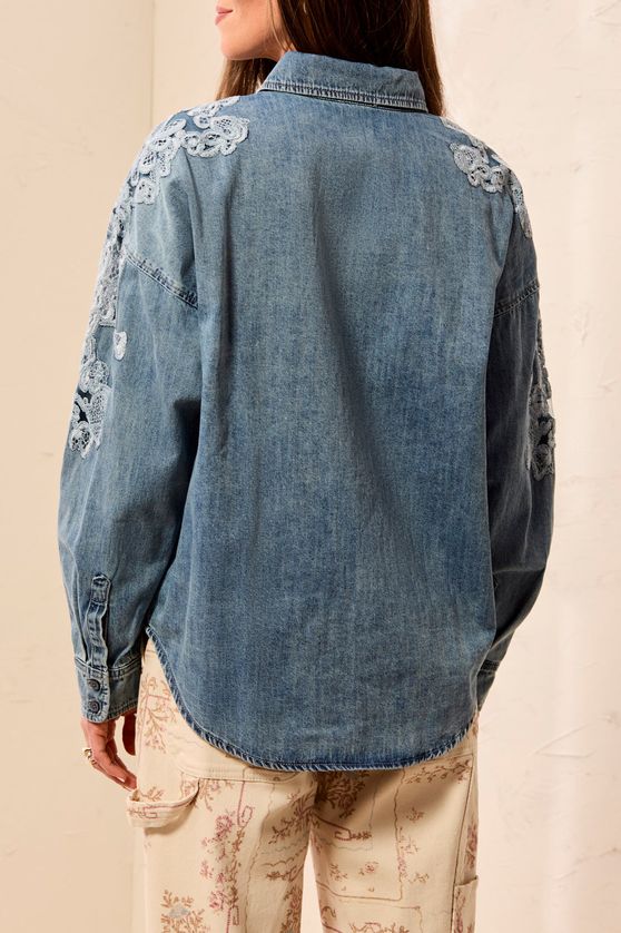 Tribal 6006O-5784 Women's Long Sleeve Floral Blue Lace Front Button Denim Shirt – Flowerblue
