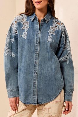 Tribal 6006O-5784 Women's LS Floral Blue Lace Front Button Denim Shirt/FLOWERBLUE
